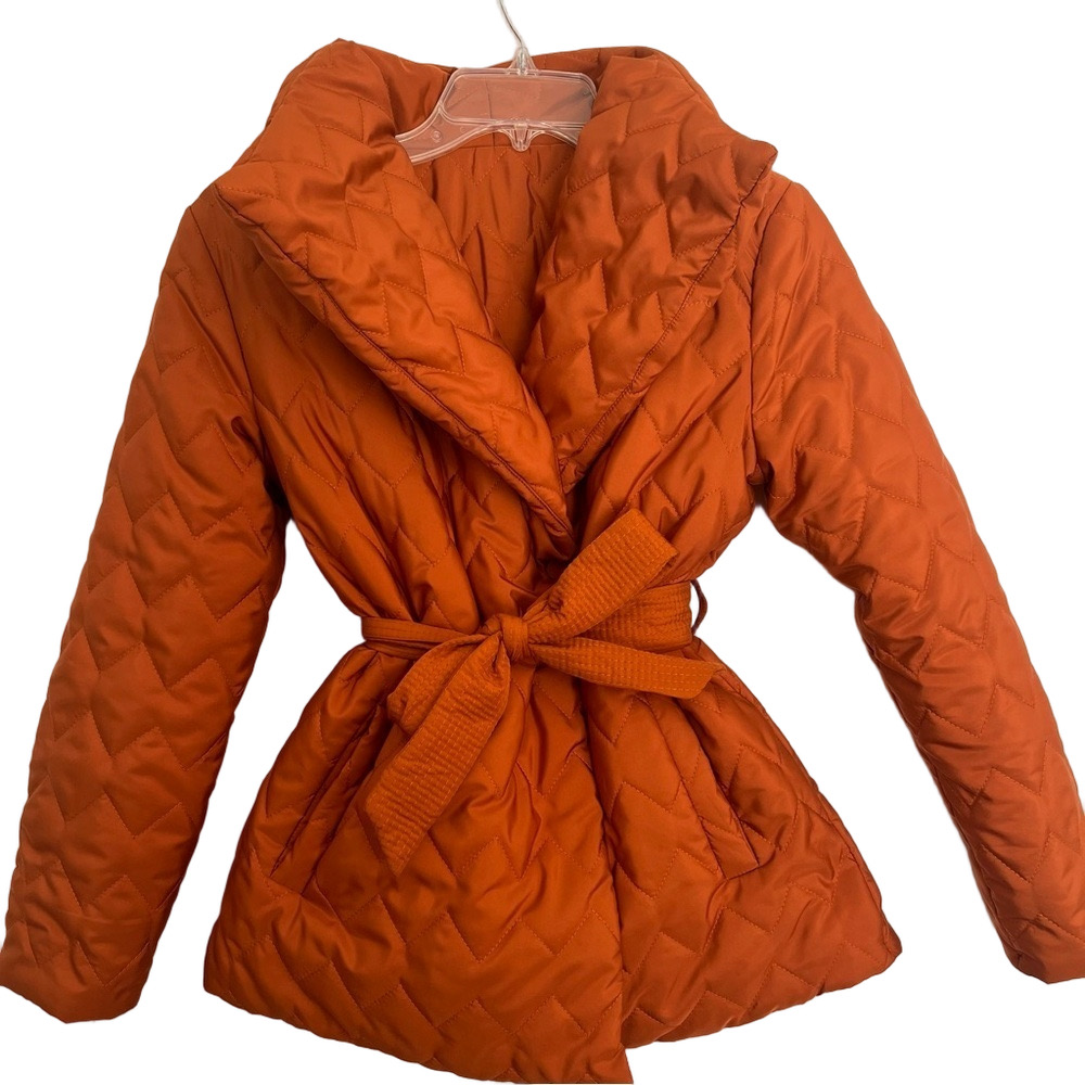 Puffer Belted Womens M Quilted Jacket Rust Snap Closure Lightweight Packable